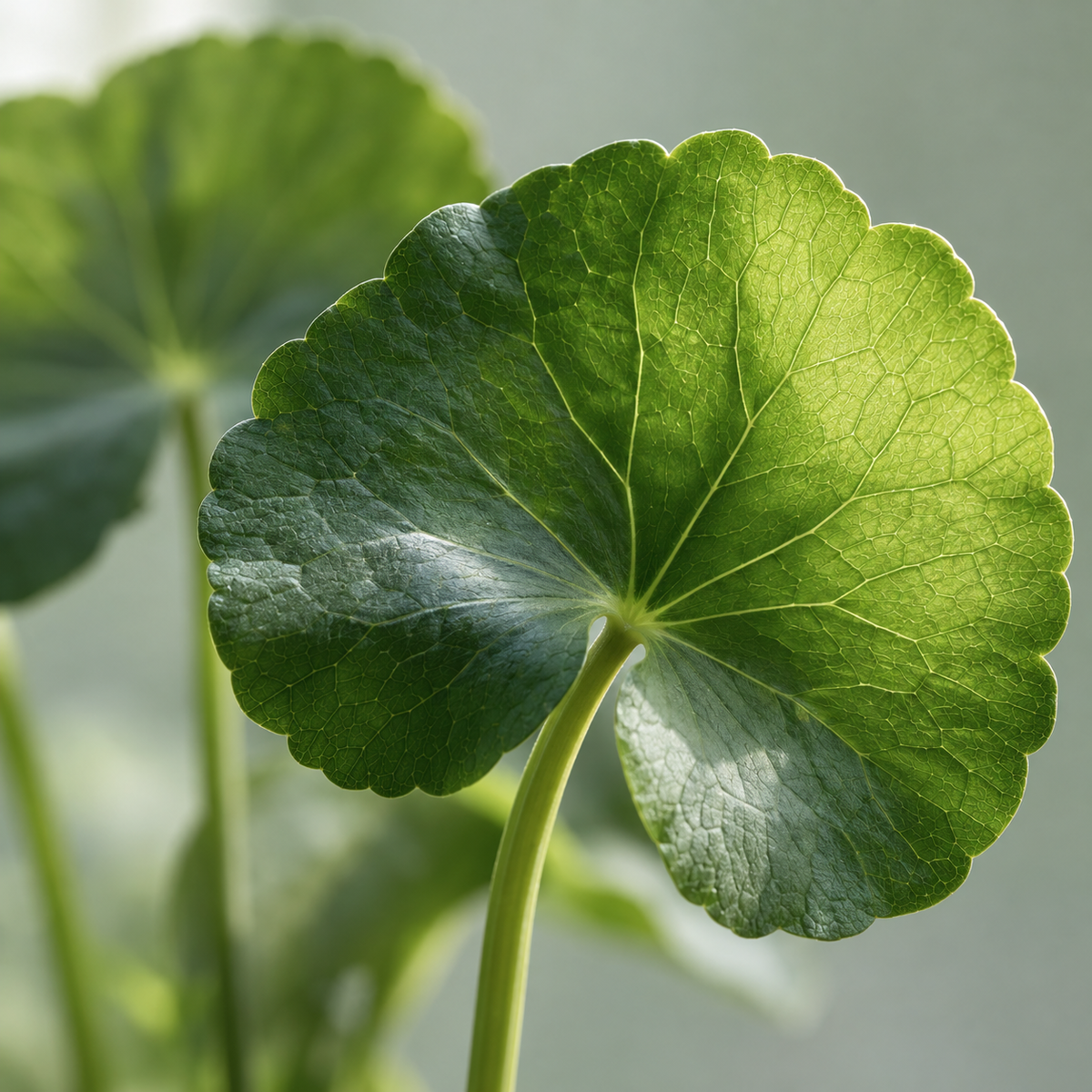 Close-up of a Gotu Kola leaf in soft natural light.
