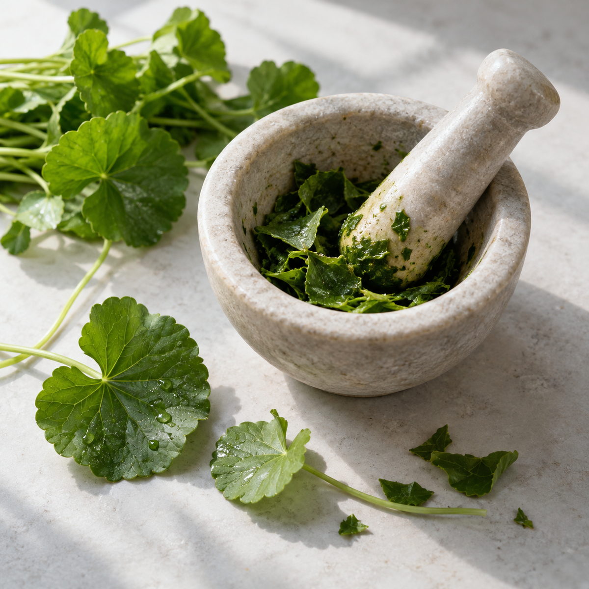 Fresh Gotu Kola leaves in a stone mortar and pestle.