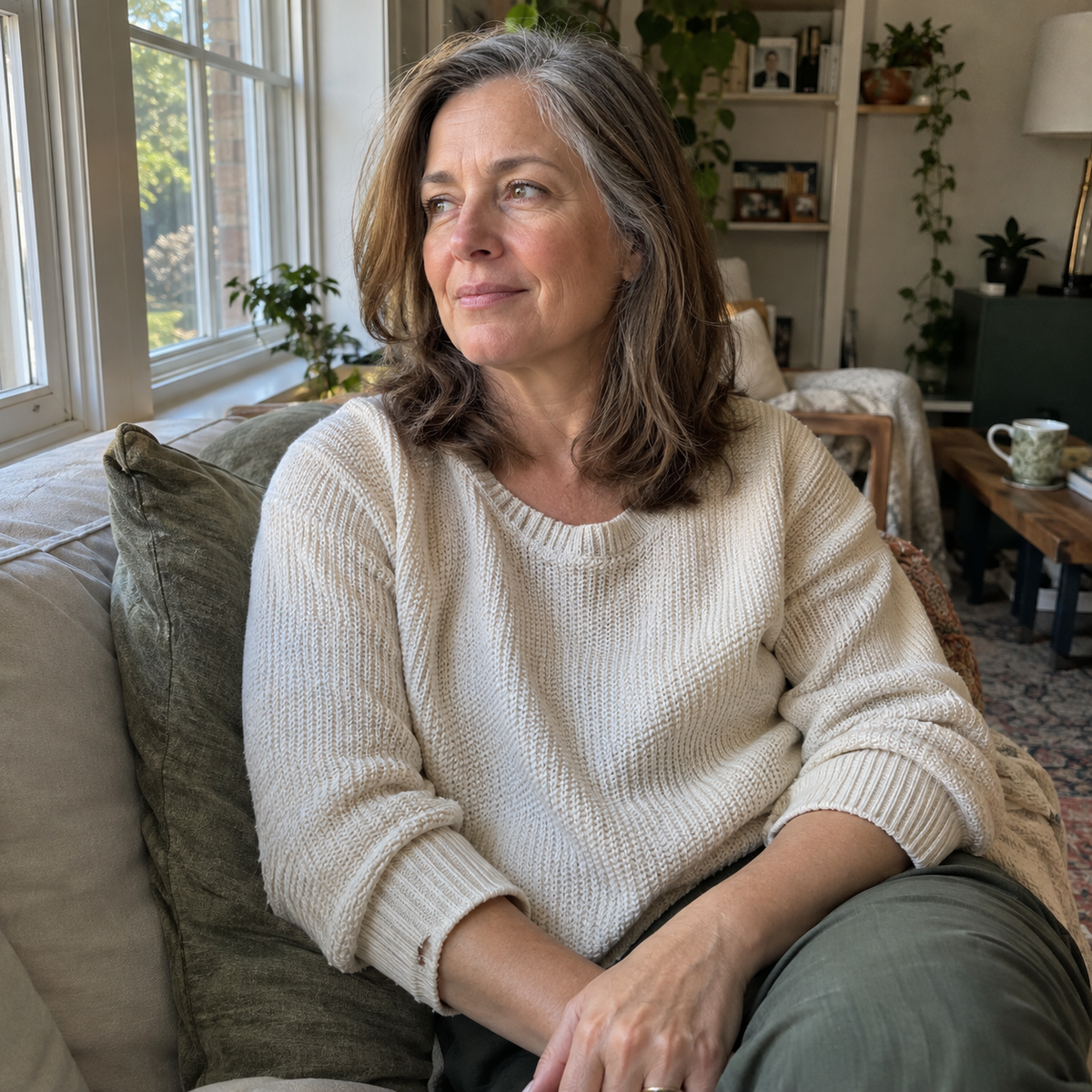 Woman enjoying a quiet moment beside a window.