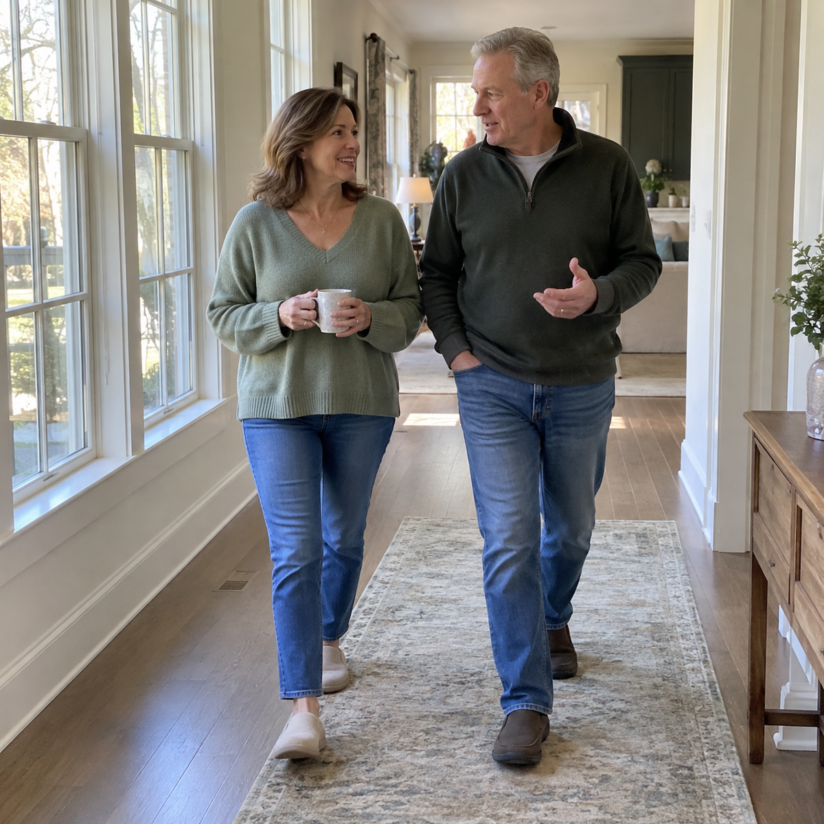 Older couple walking through a naturally lit hallway.