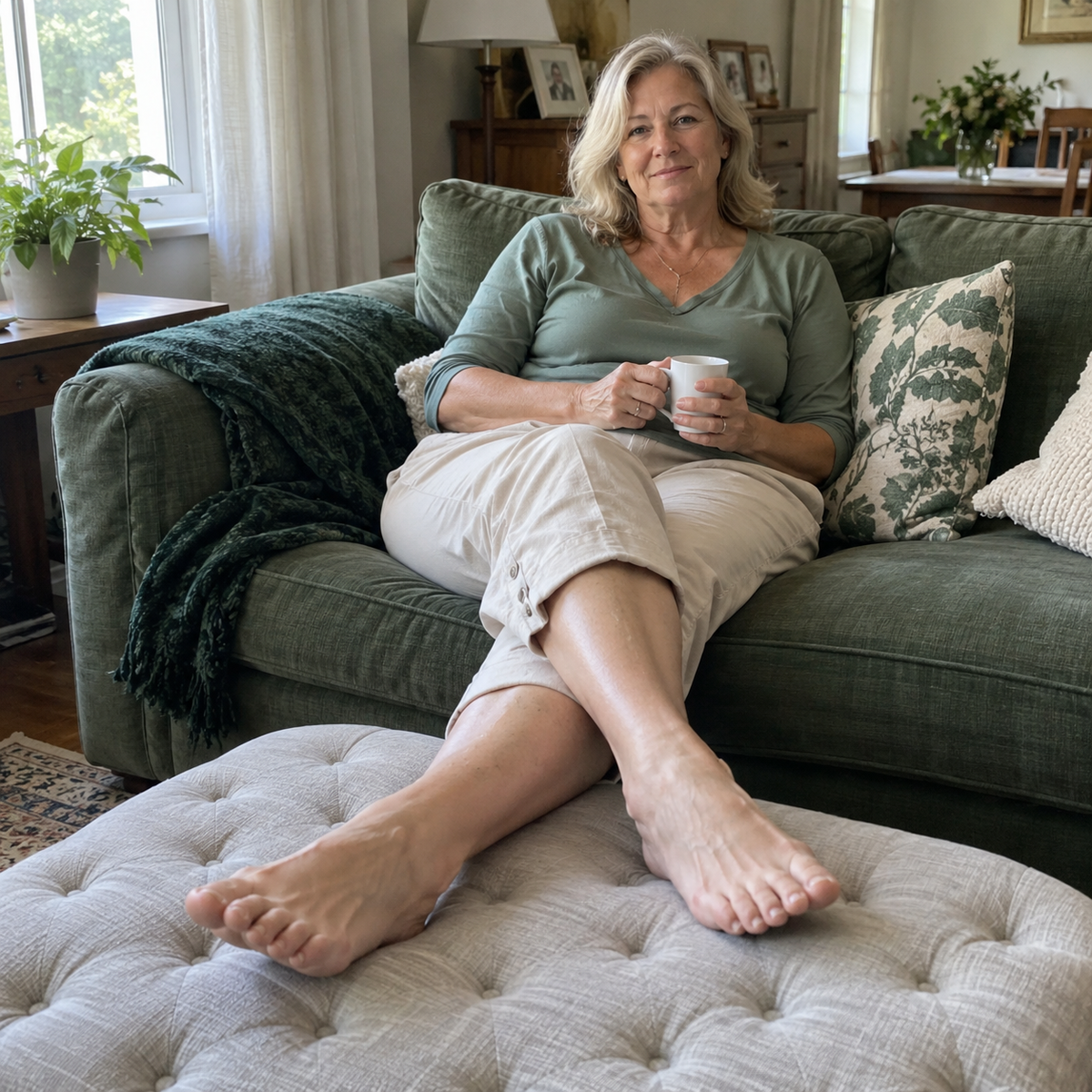Woman resting on a sofa with her feet raised.