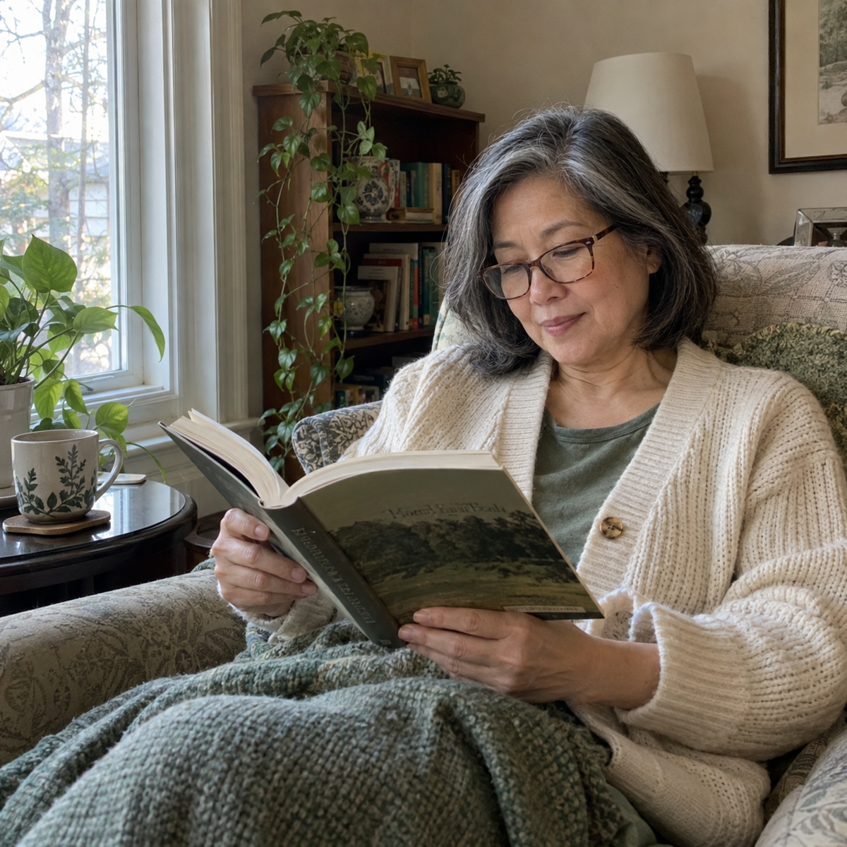 Woman taking a quiet reading break beside a window.