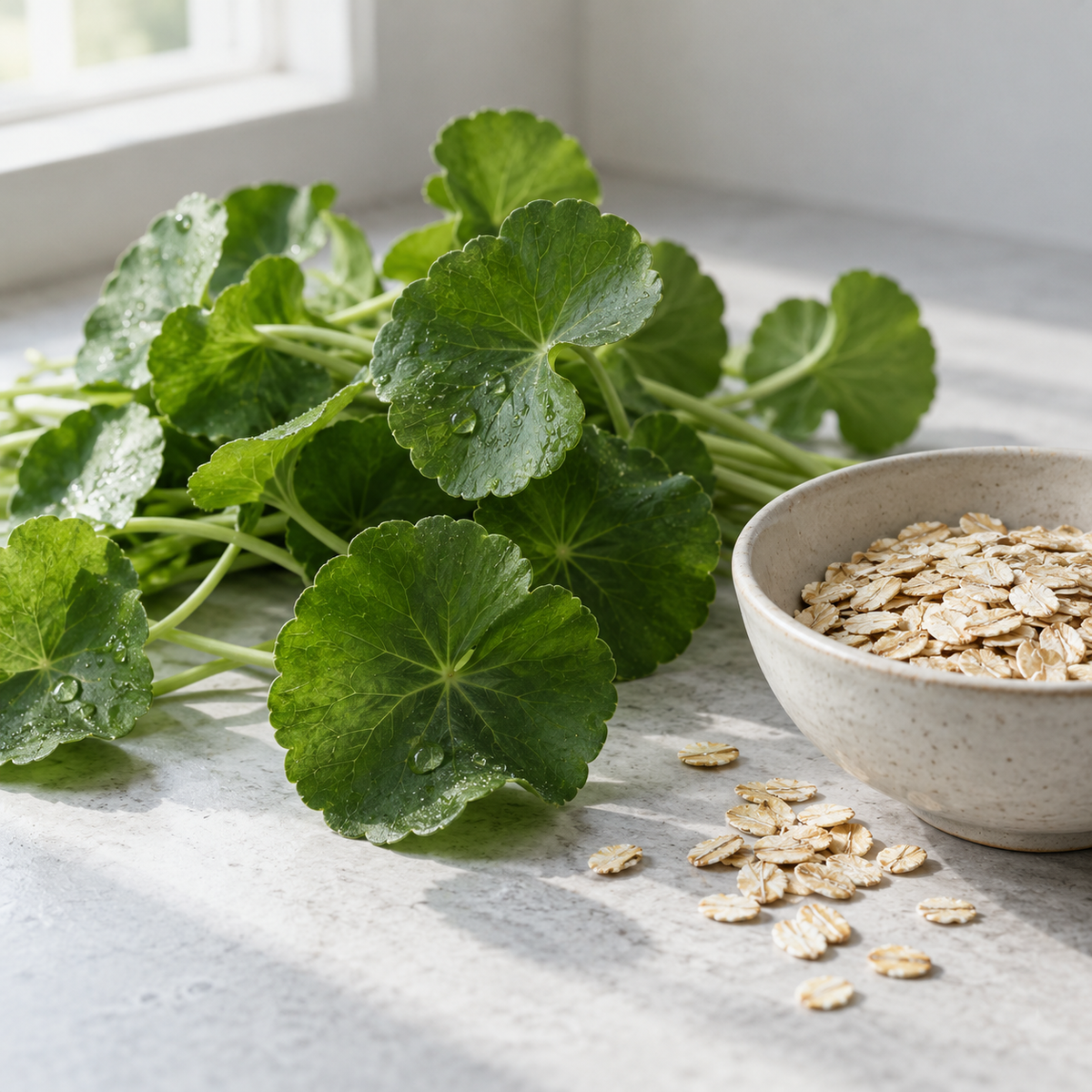 Gotu Kola leaves and oats arranged together.