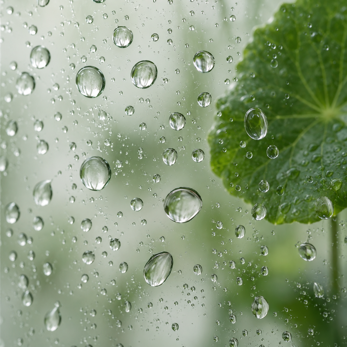 Gotu Kola leaves with clear water droplets on glass.