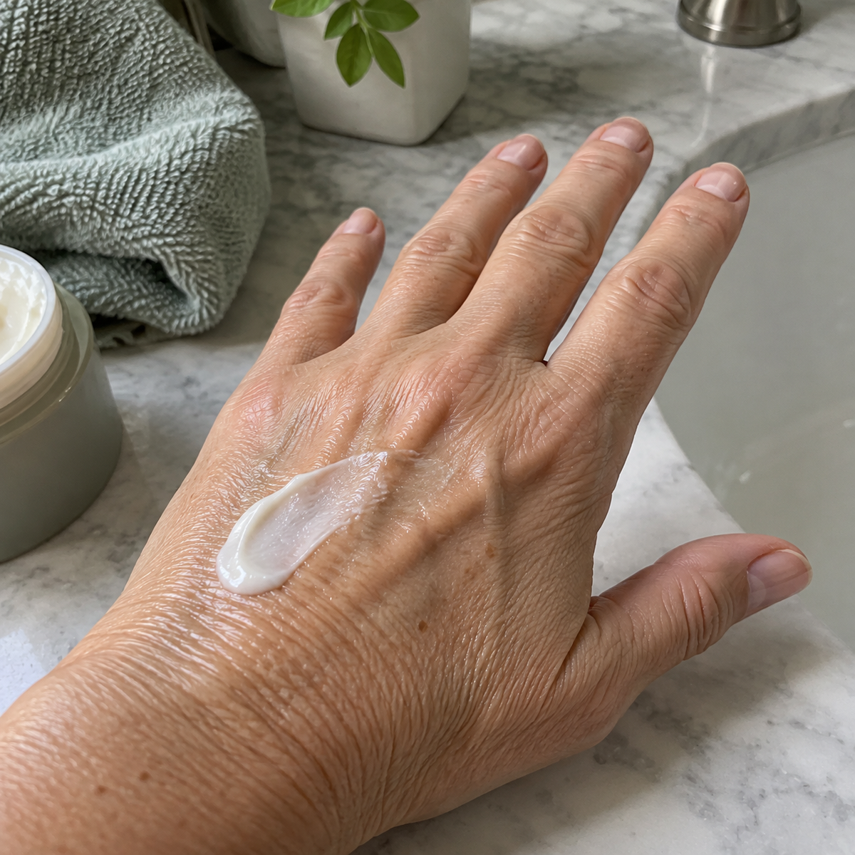 A hand with a small amount of fresh moisturizer.