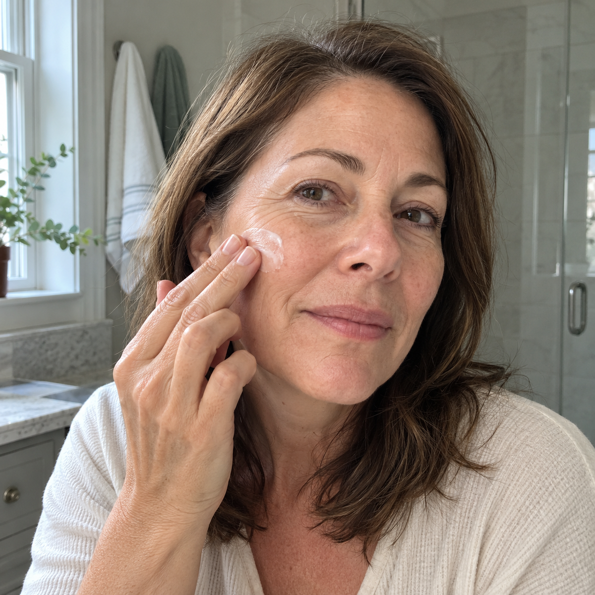 Woman applying skincare in a naturally lit bathroom.