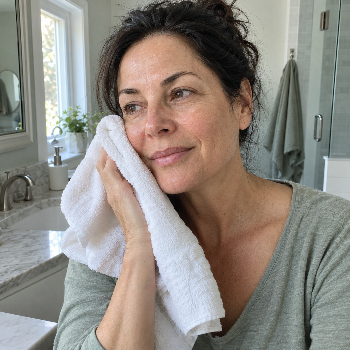 Woman gently patting her cheek dry.