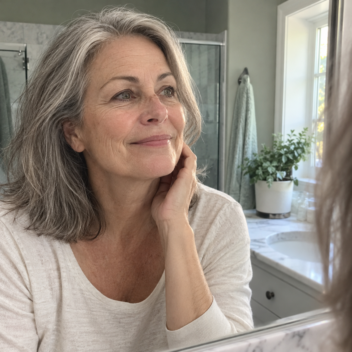 Woman looking in a bathroom mirror in natural light.