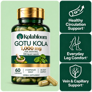 Kolabloom Gotu Kola capsules, 1,000 mg per serving, with circulation, leg comfort, and vein support benefit panels.