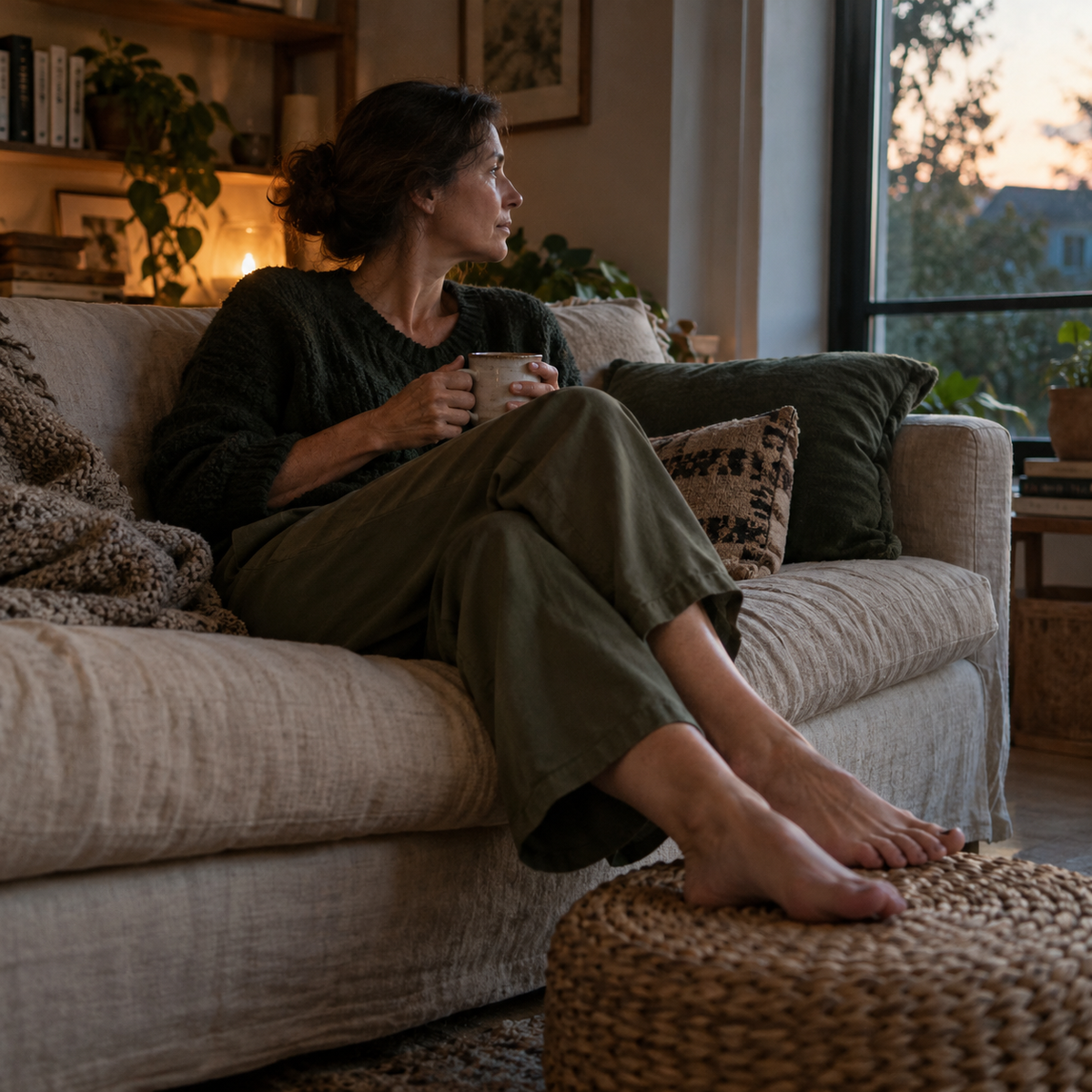 Illustrative scene of a woman resting her feet after a long day