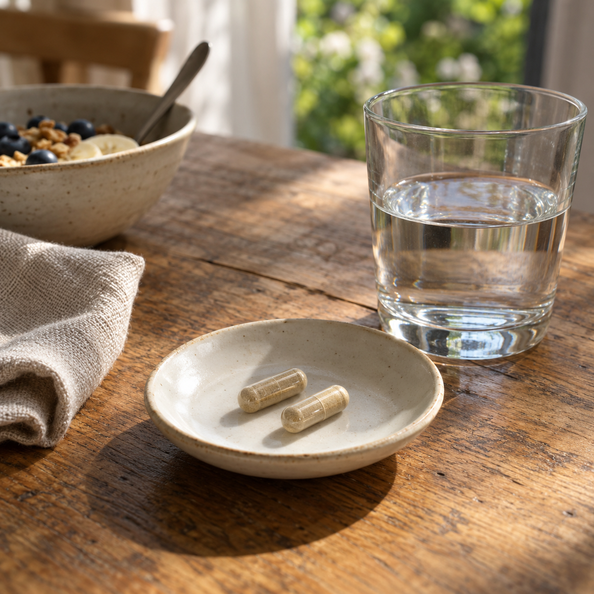 Illustrative scene of two capsules and a glass of water
